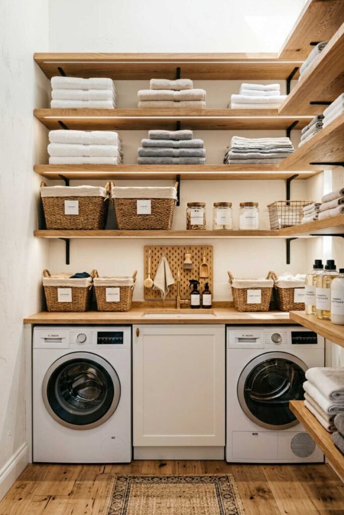 Laundry Room Organization Ideas with warm wood open shelves and storage baskets