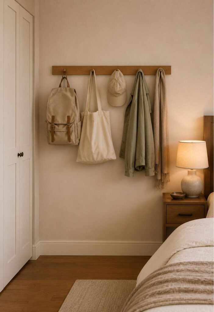 Bedroom wall hooks for organizing bags hats scarves and jackets