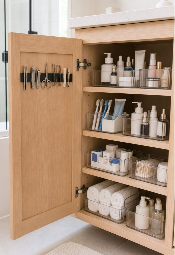 Small magnetic strip organizing tweezers nail clippers and metal bathroom tools
