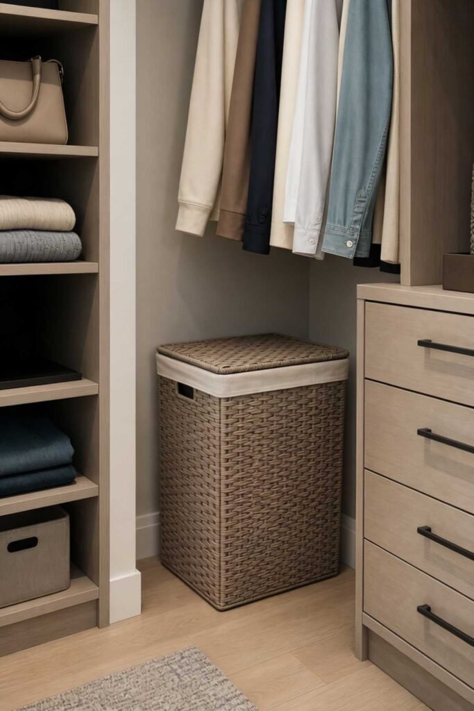 Small laundry hamper placed inside an organized closet