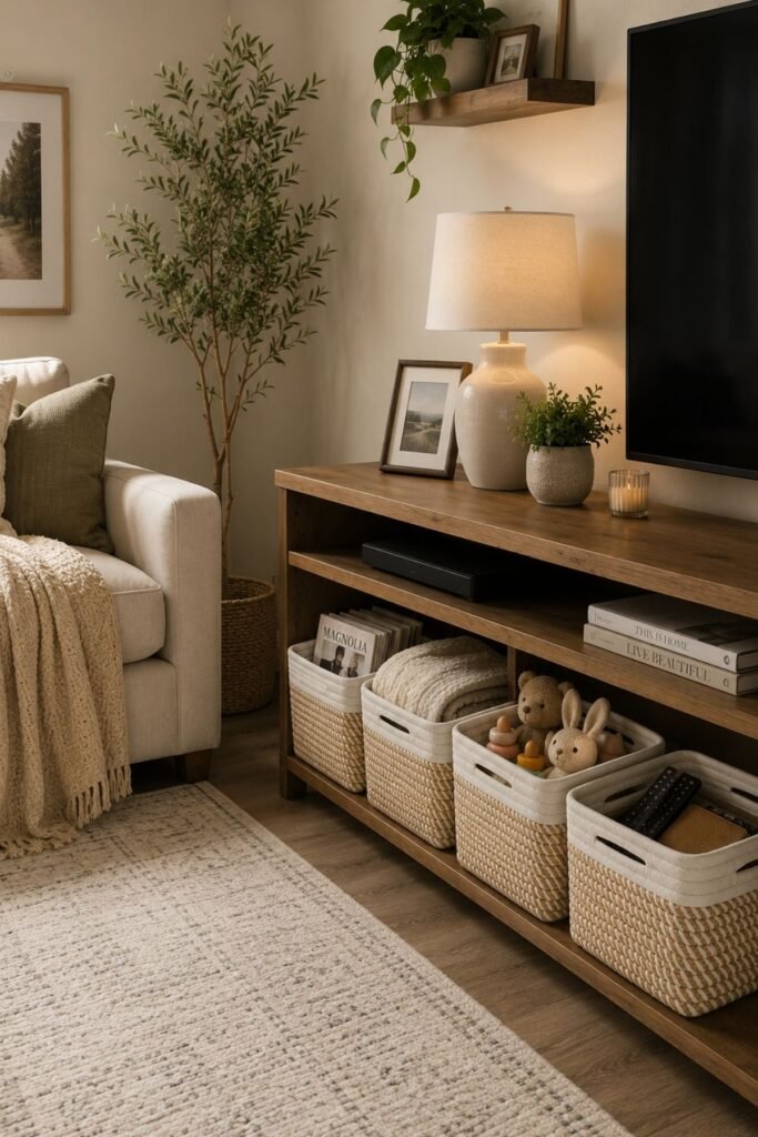 Decorative storage baskets for living room organization ideas with sofa and clutter-free space