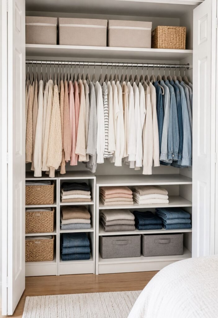 Small bedroom closet organization ideas with matching hangers shelf dividers and baskets