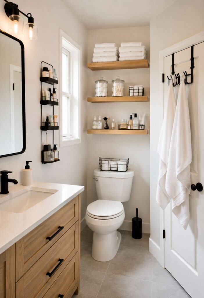 Small bathroom organization using vertical wall space above the toilet and beside the mirror