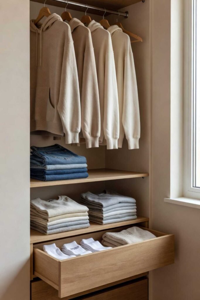 Organized closet with everyday clothes placed at eye level