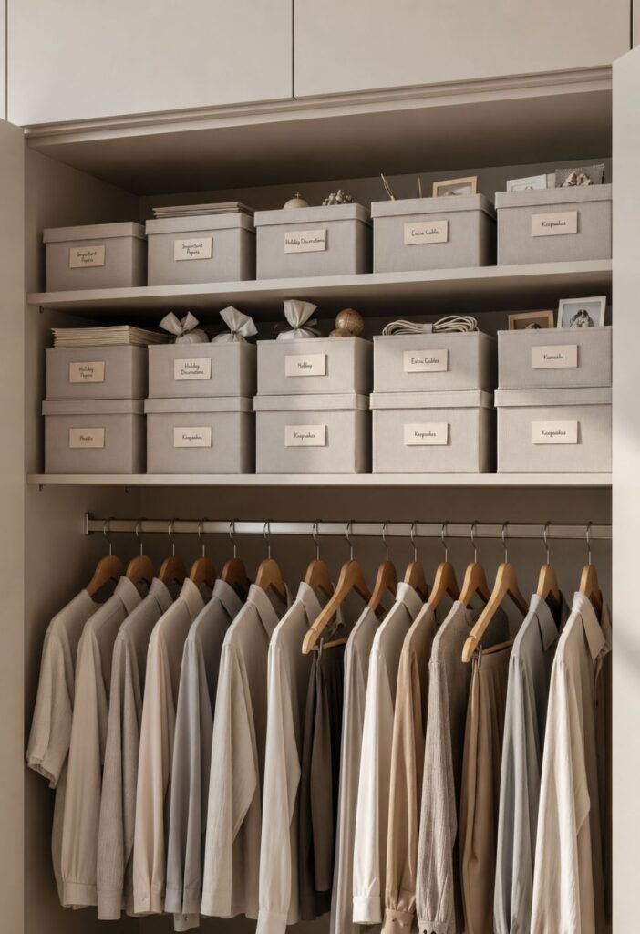Matching bedroom storage boxes organizing seasonal and rarely used items