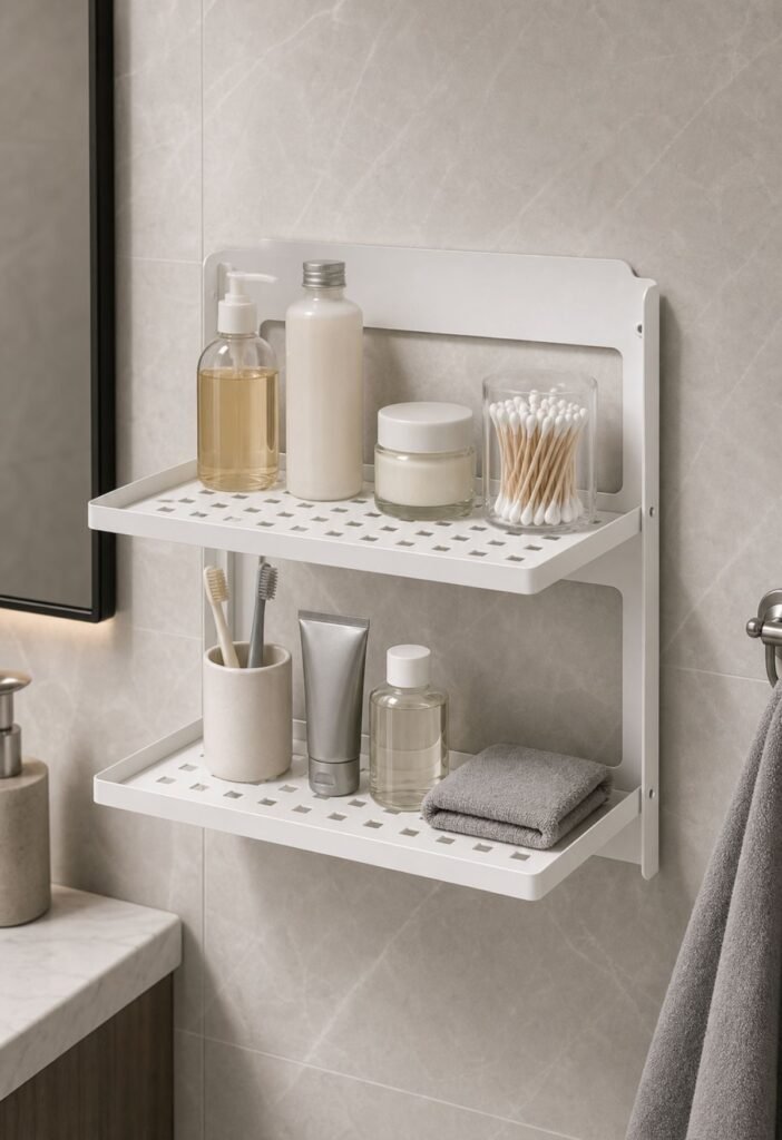 Fold-down wall shelf providing temporary storage space in a small bathroom