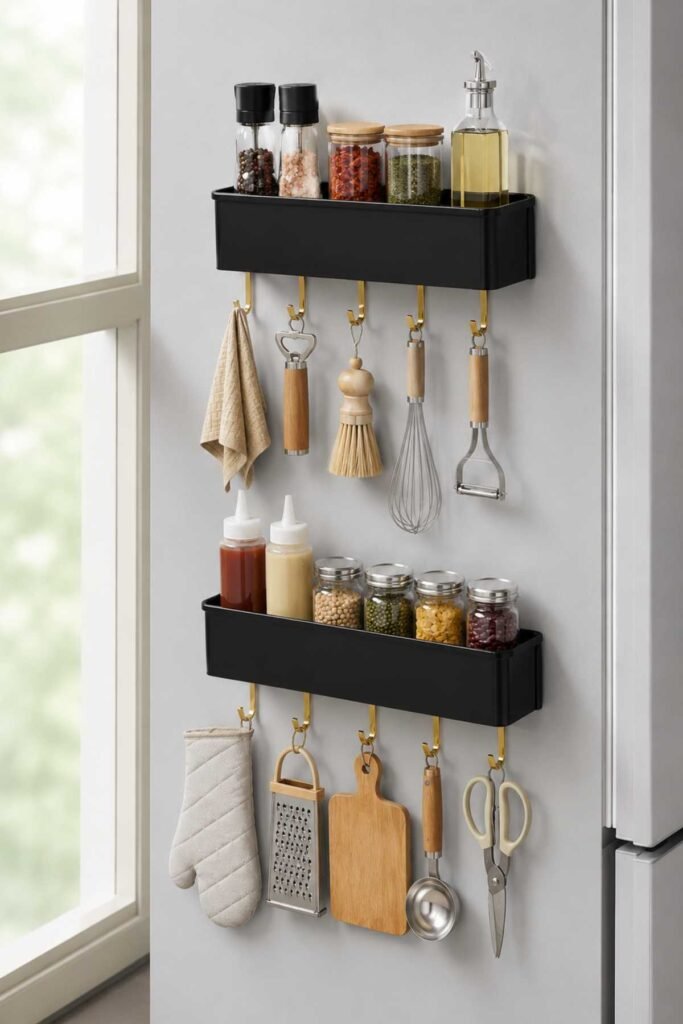 Modern refrigerator side with magnetic organizers holding spices paper towels and kitchen essentials