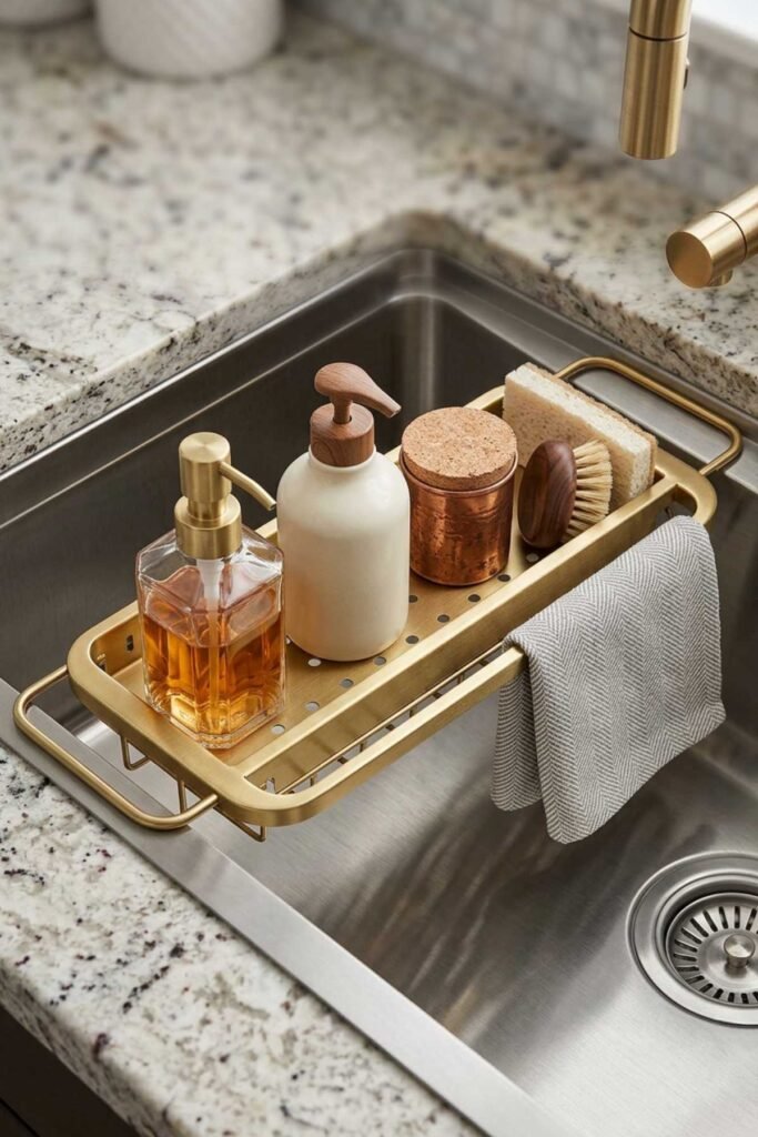 Modern kitchen sink with organized expandable sink caddy holding soap and sponges neatly