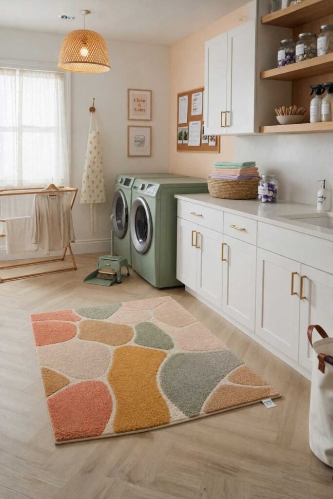Laundry Room Organization Ideas with cozy washable rug and organized laundry space