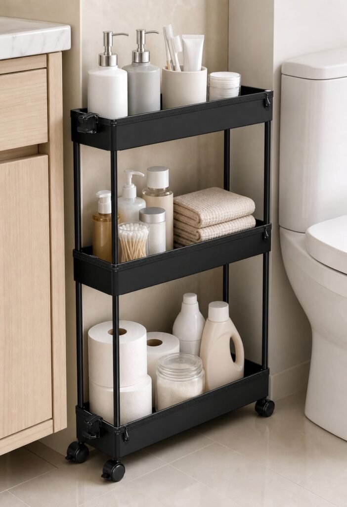 Slim rolling cart organizing toiletries and towels in a small bathroom