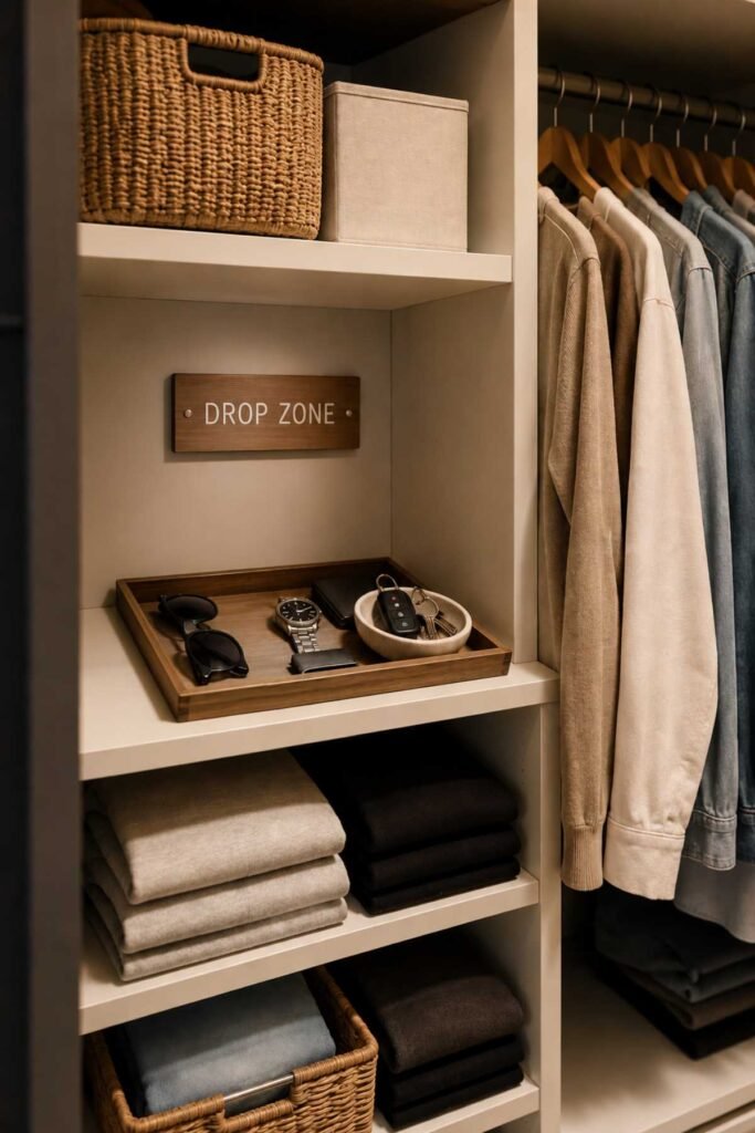 Small tray inside closet for keys, wallet, and daily essentials