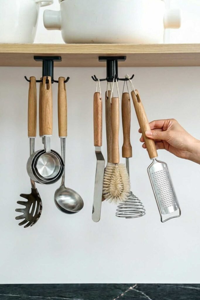 Modern kitchen with under cabinet hooks holding mugs and utensils neatly