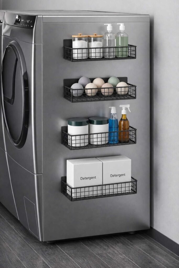 Laundry Room Organization Ideas with magnetic storage containers on washer