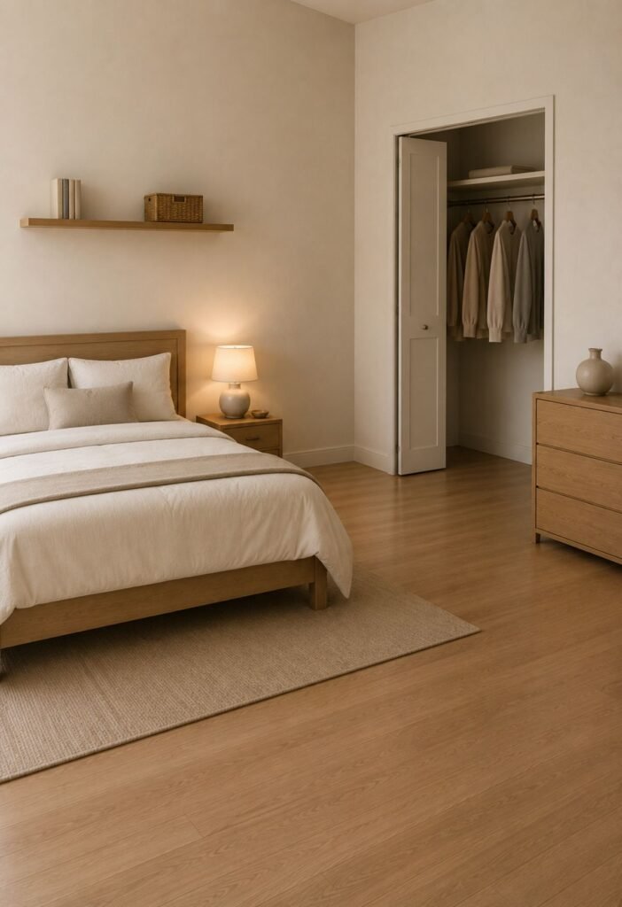 Minimal small bedroom with open shelves and intentional empty space for a clutter-free look