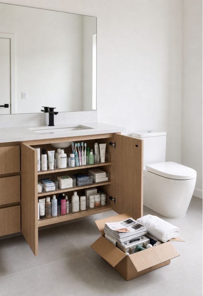 Decluttered small bathroom with only essential bathroom items stored neatly