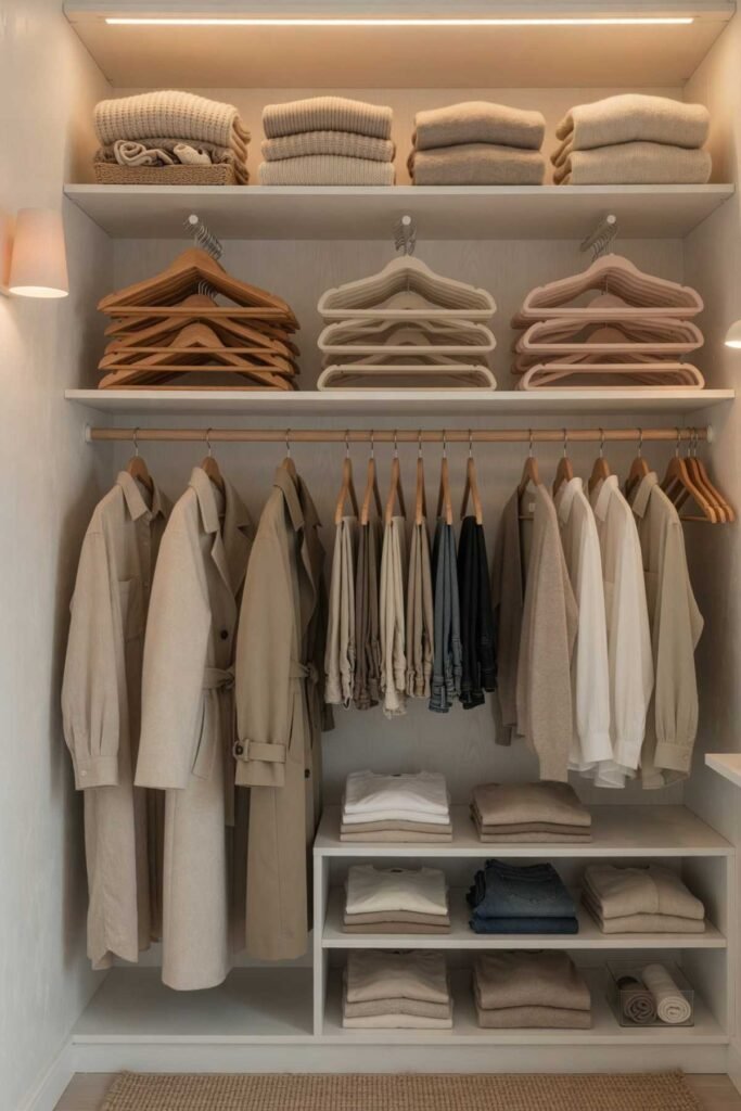 Empty hangers neatly stored on a small closet shelf