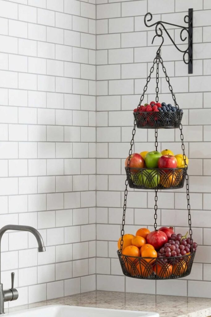 Modern kitchen with hanging fruit basket holding apples bananas and oranges neatly