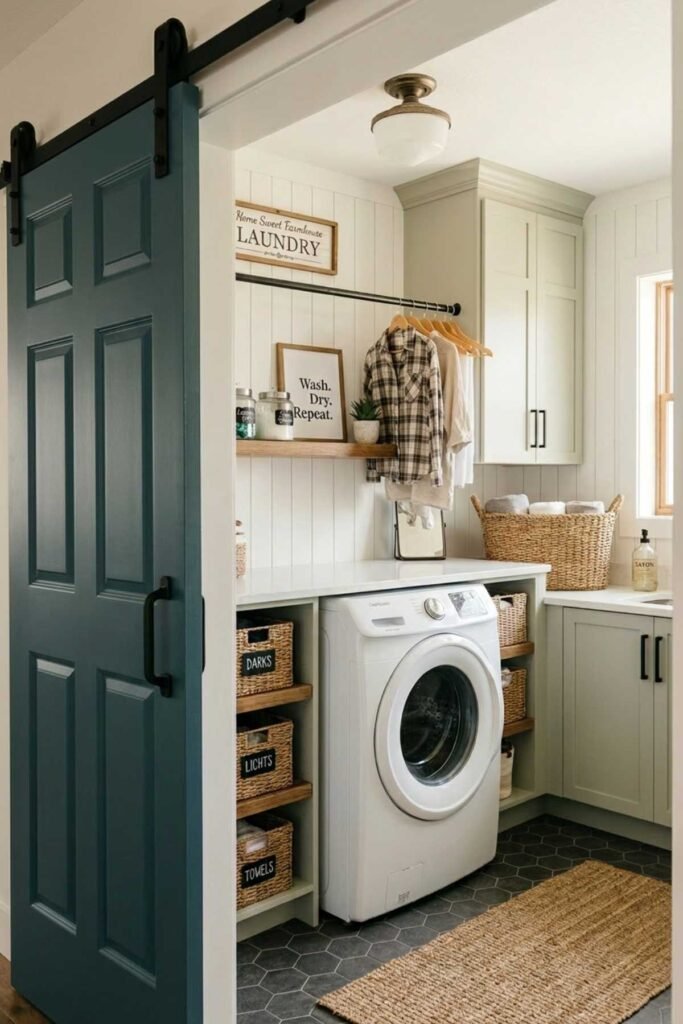 Laundry Room Organization Ideas with sliding barn door hiding organized laundry area