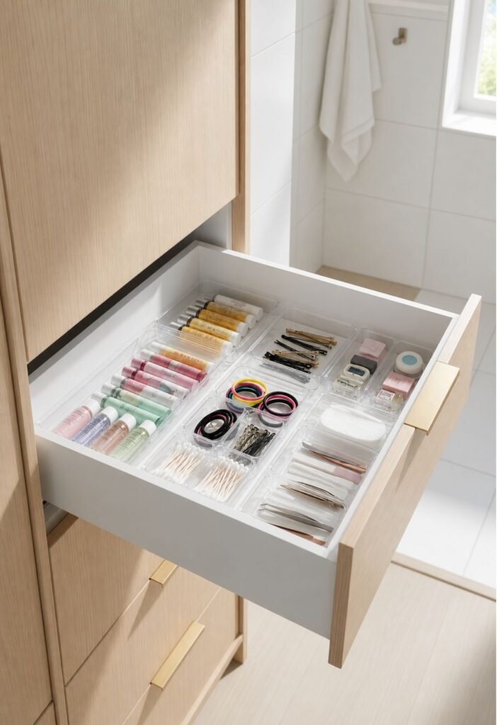 Clear acrylic organizers separating makeup skincare and hair accessories inside a bathroom drawer