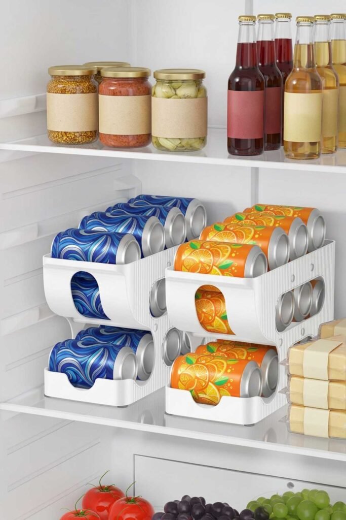 Organized refrigerator shelf with fridge can dispenser holding soda and drink cans neatly