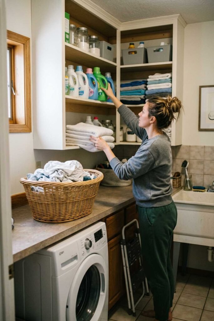 Laundry Room Organization Ideas with clean shelves and daily reset routine