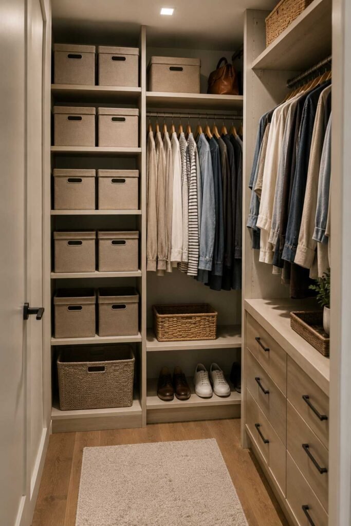 Slim storage boxes neatly arranged on closet shelves