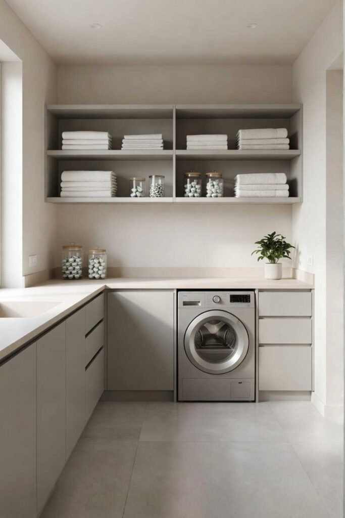 Laundry Room Organization Ideas with minimal organized space and open shelves