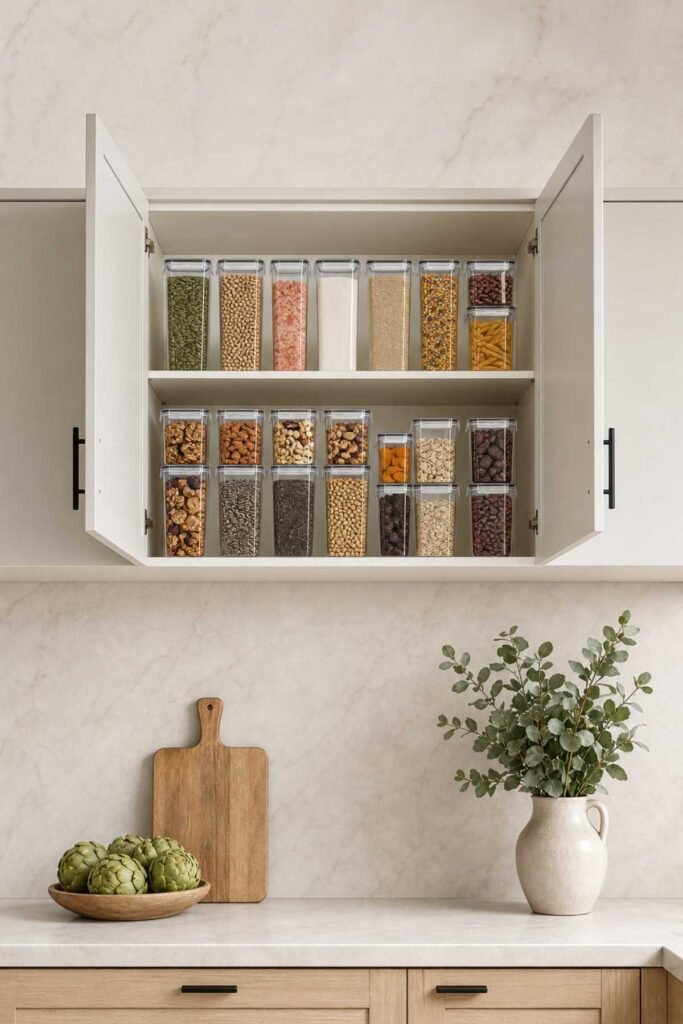Pantry shelf with matching clear food containers organized neatly