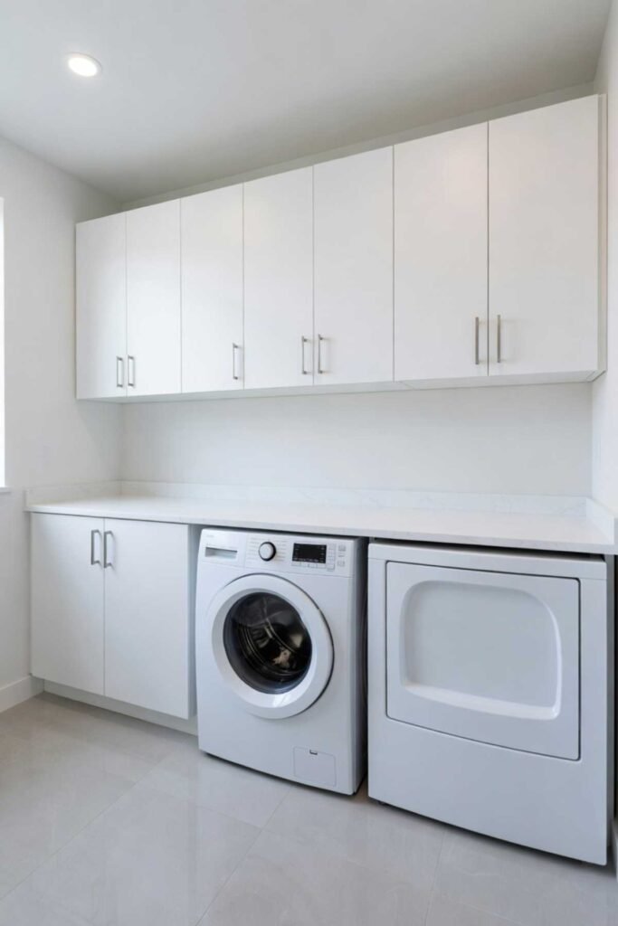 Laundry Room Organization Ideas with white closed cabinets above washer and dryer