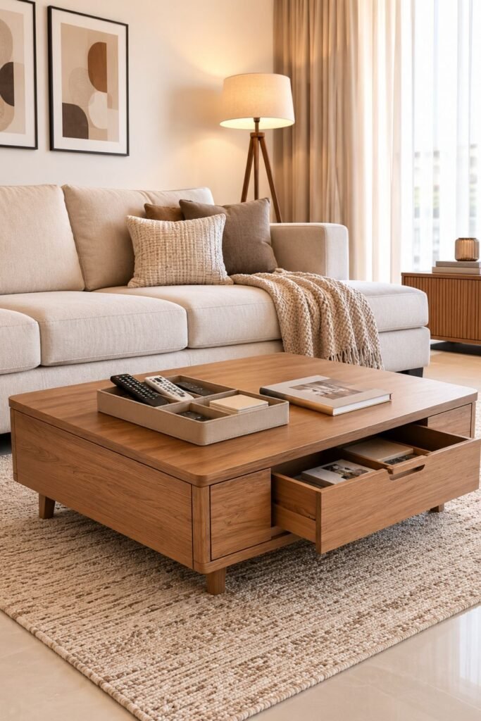 Living room organization ideas with organized coffee table tray, books, and hidden storage drawer