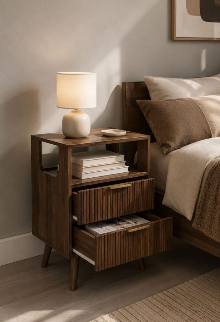Bedroom storage solutions with modern nightstand drawers for organizing daily essentials