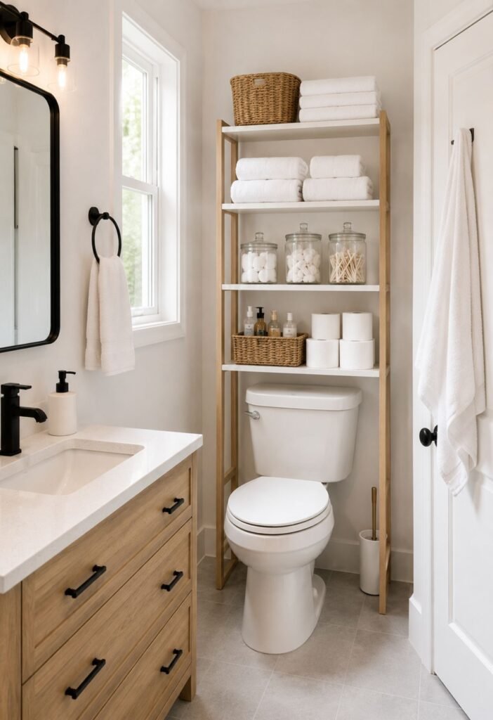 Over-the-toilet storage shelf with towels toilet paper and toiletries in a small bathroom