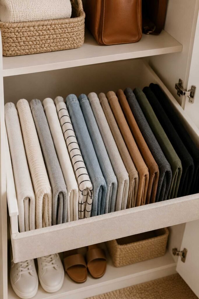 Vertically folded clothes neatly arranged on closet shelves