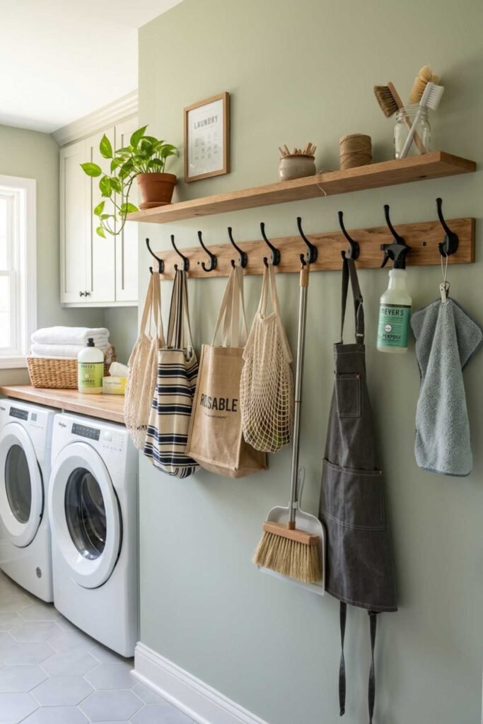 Laundry Room Organization Ideas with wall hooks holding ironing board and cleaning tools