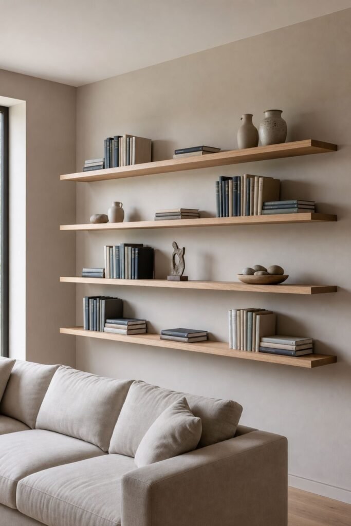 Living room organization ideas with floating wall shelves for books plants and decor