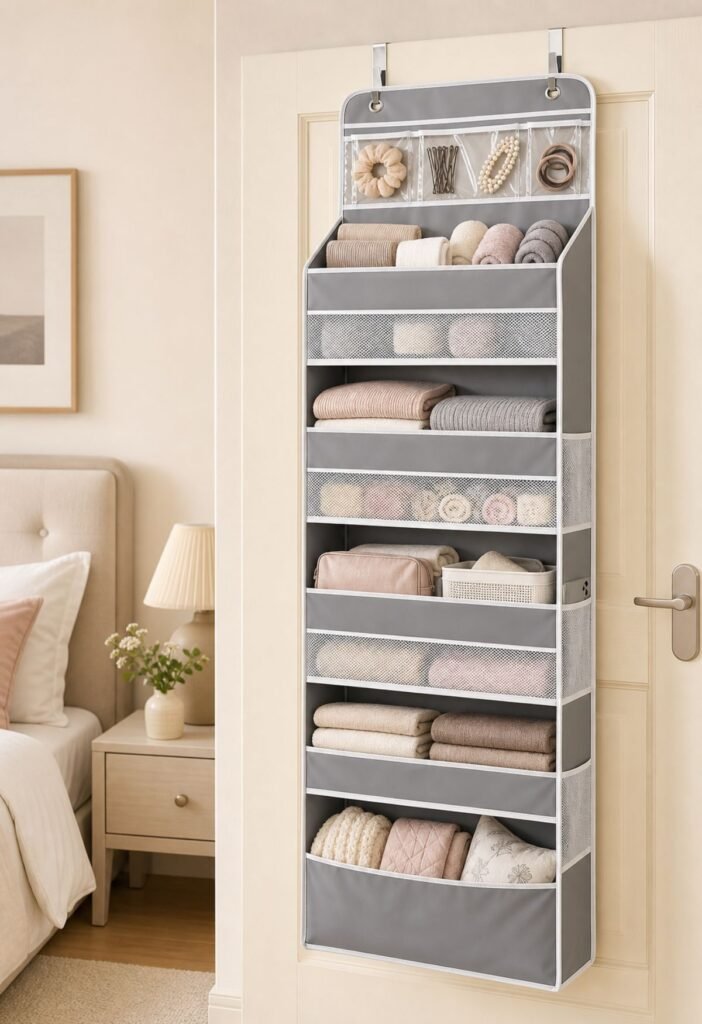 Bedroom organization for small spaces using over the door storage organizer