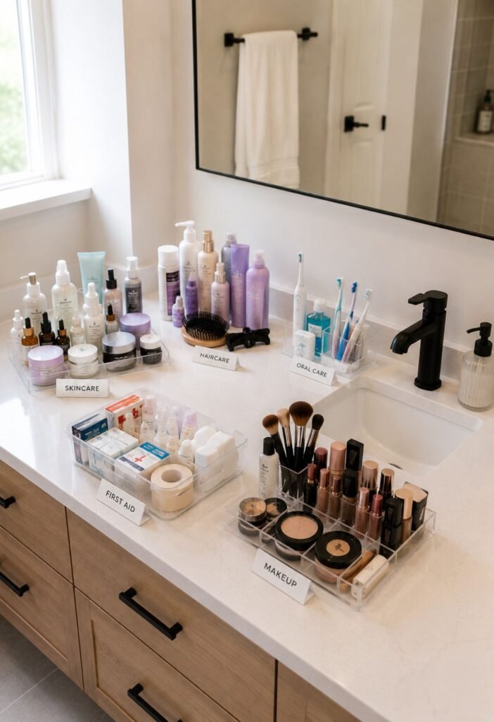 Organized small bathroom toiletries grouped by skincare haircare oral care and other categories
