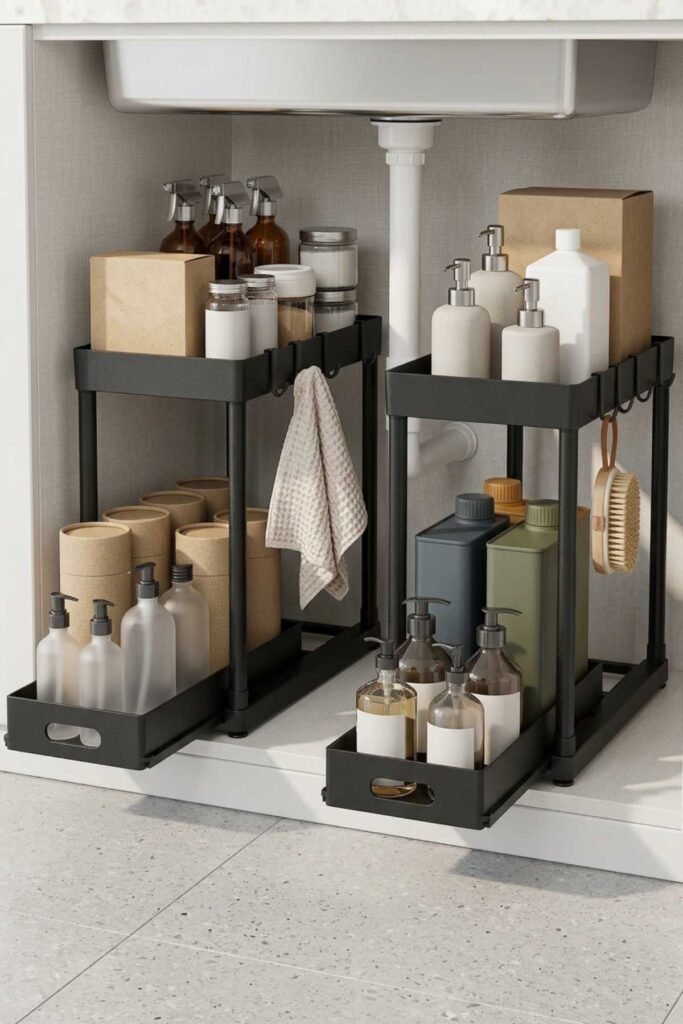 Organized under sink cabinet with pull out storage bins