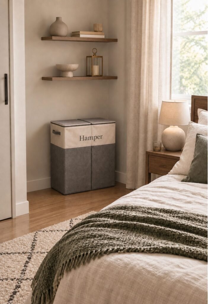 Small bedroom organization ideas with single laundry basket in organized corner
