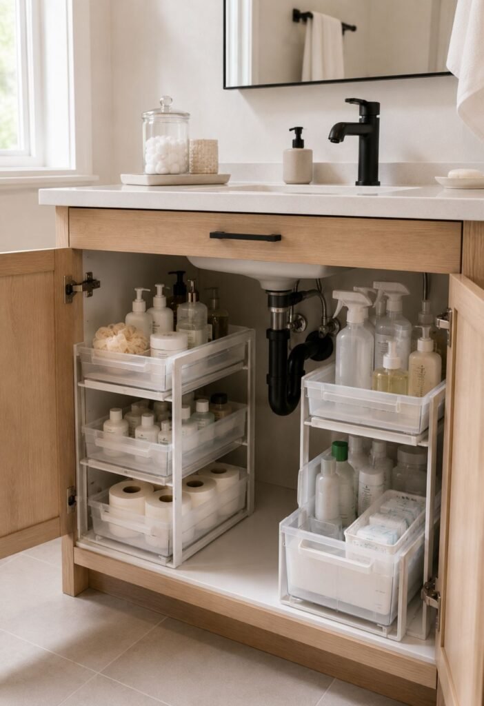 Pull-out bins organizing bathroom storage under the sink around plumbing