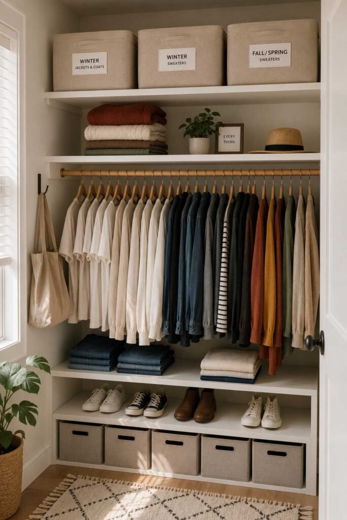 Closet with off-season clothes stored neatly on upper shelves