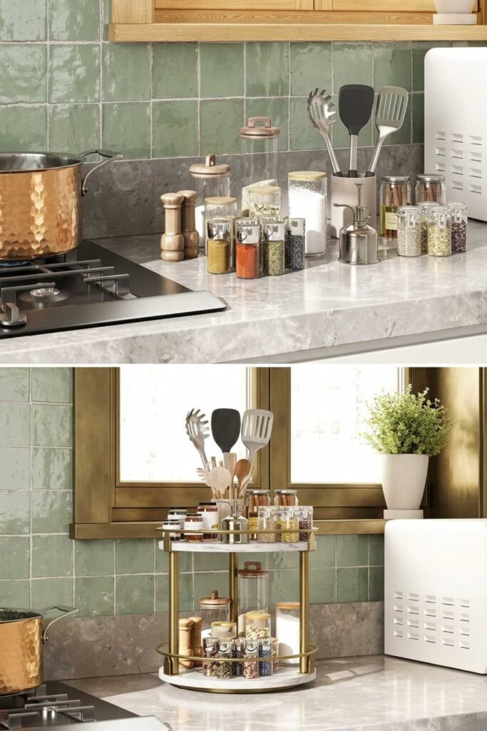 Corner kitchen cabinet with rotating Lazy Susan organizer tray