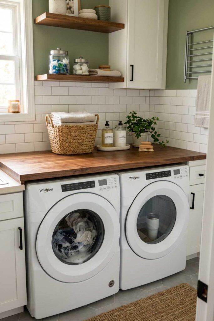 Laundry Room Organization Ideas with wood countertop above front load washer and dryer