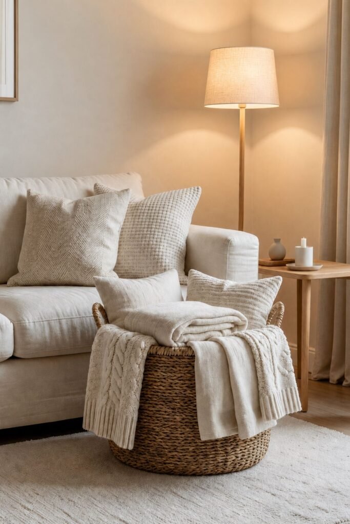 Living room organization ideas with blanket basket storing pillows beside sofa