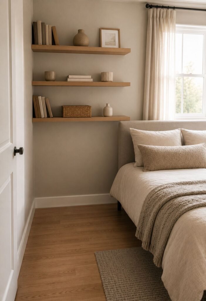 Small bedroom organization ideas with floating wall shelves for extra storage