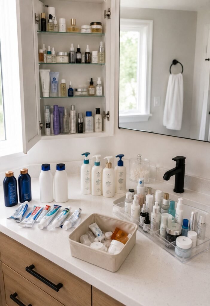 Decluttered bathroom cabinet with duplicate toiletries removed and essential products organized