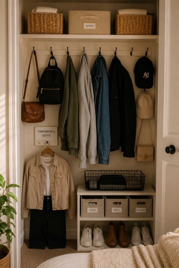 Closet wall hooks holding bags, hats, and scarves