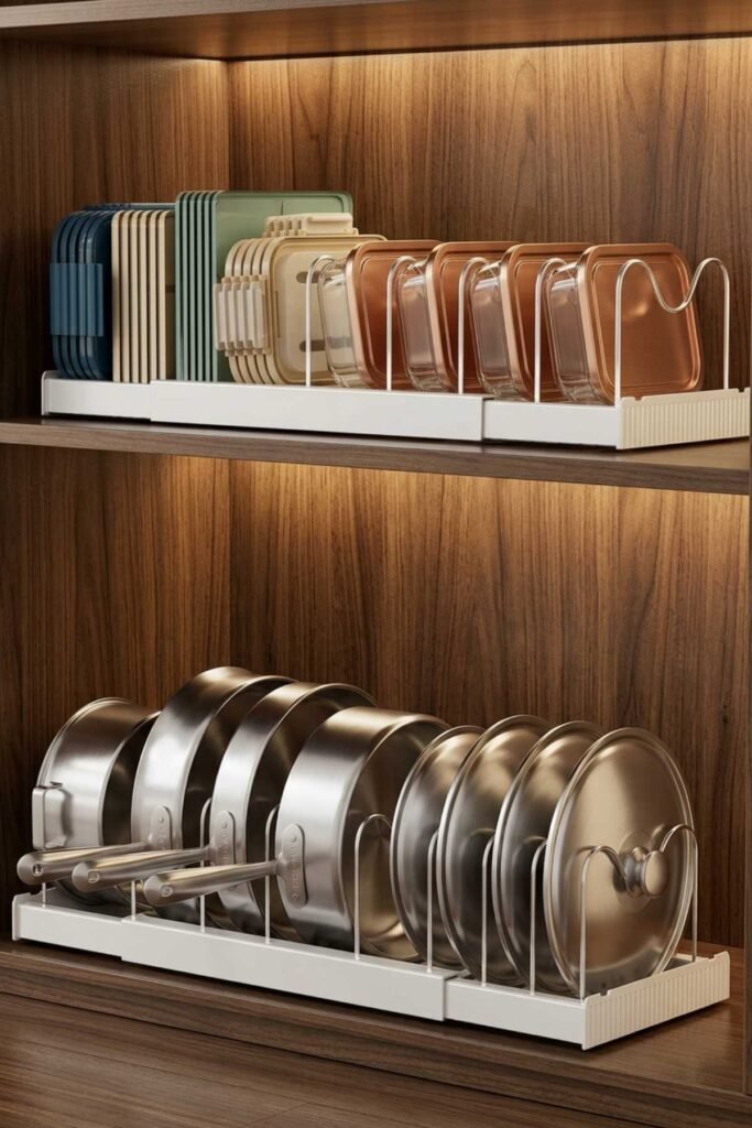 Lower kitchen cabinet with vertical pot lid organizer keeping lids arranged