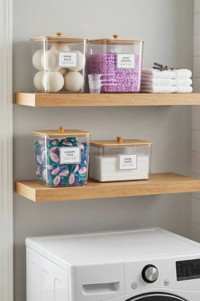 Laundry Room Organization Ideas with clear jars storing laundry pods and dryer sheets