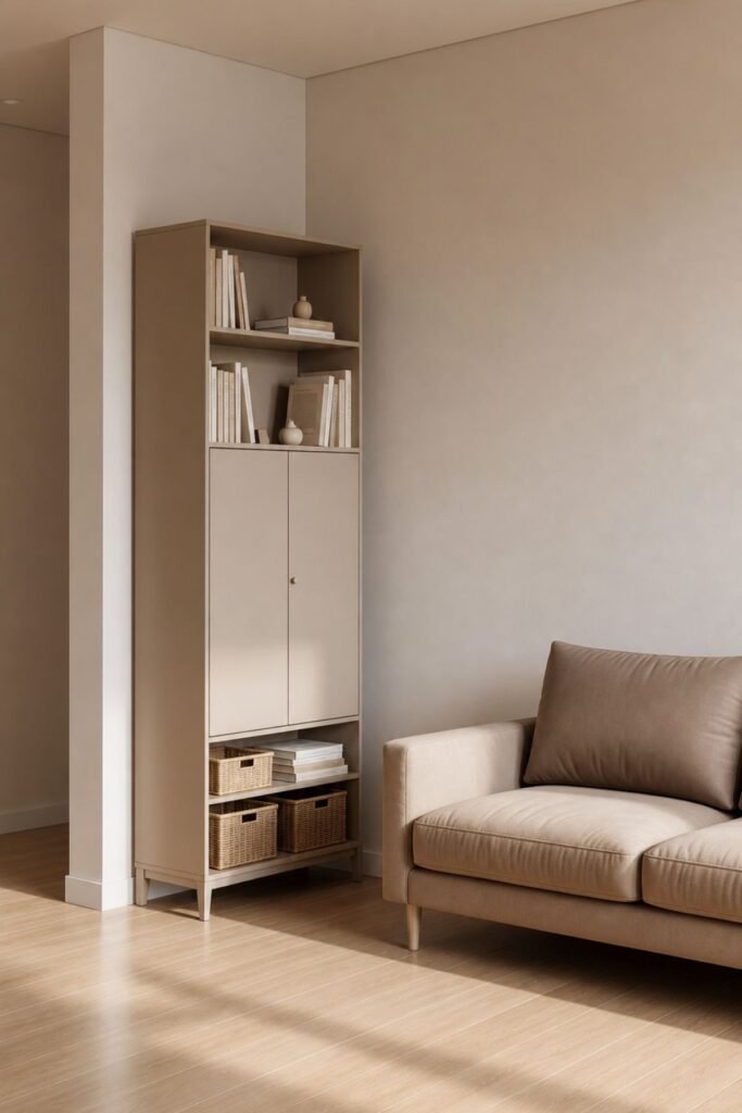 Small living room organization ideas with slim storage cabinet beside wall